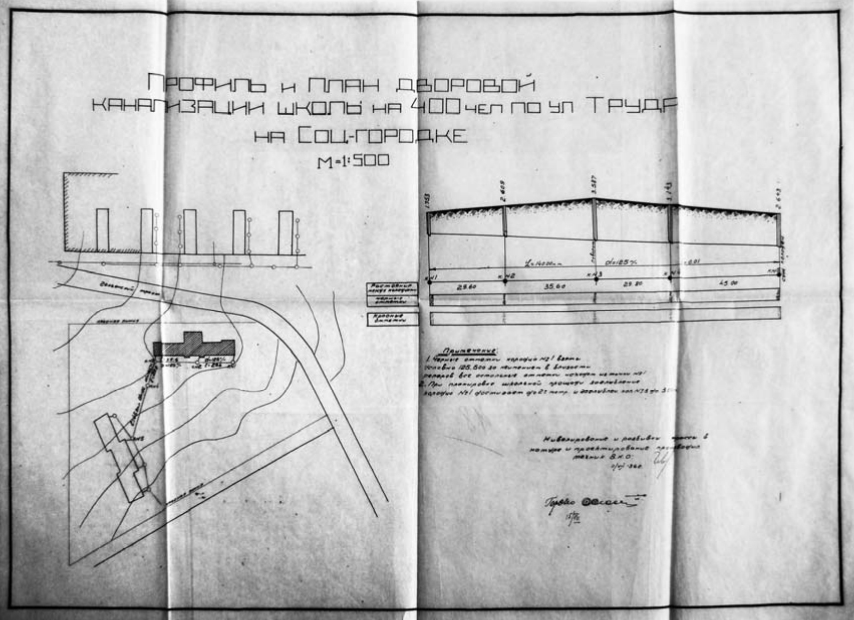 Рис 13. Проектный чертеж генерального плана расположения семилетней школы на 400 учащихся. ЦГА УР ф. Р-420, оп. 3п, ед. хр. 252.